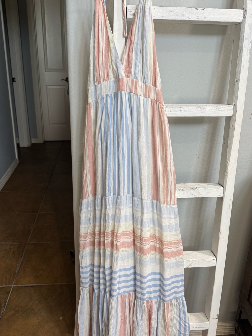 Main Strip Pastel Striped V-Neck Maxi Dress - Pink, Blue & Cream